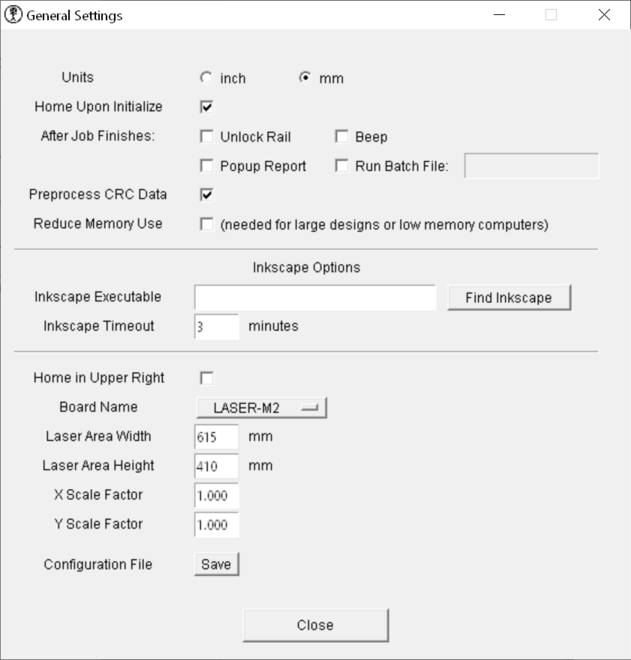 Screenshot of K40 Whisperer settings